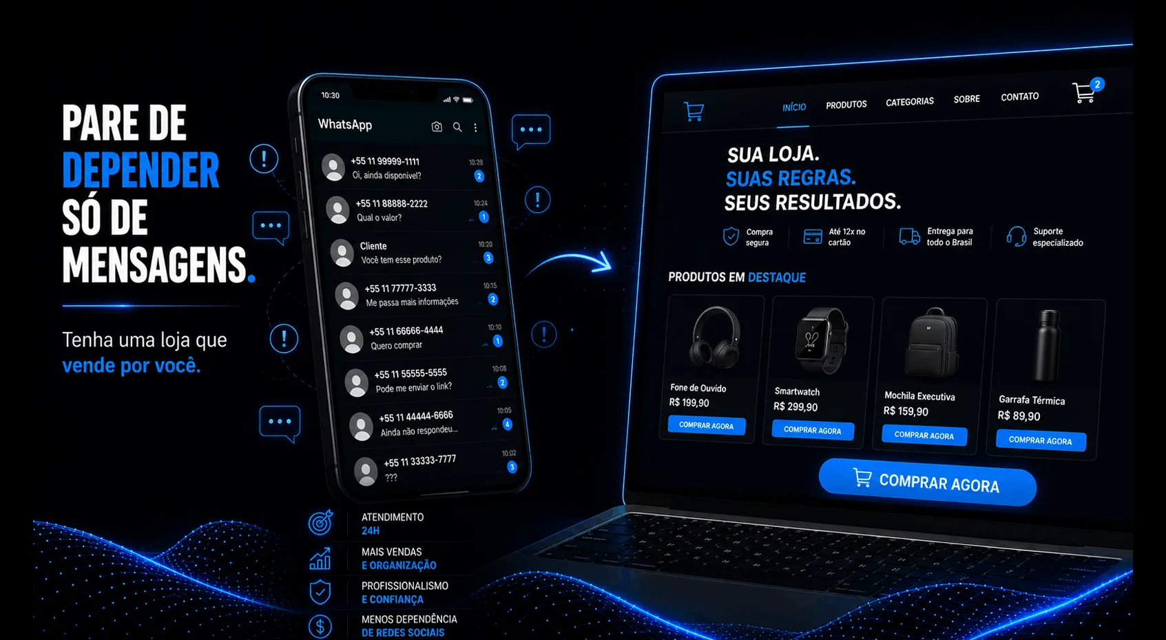 Lojista organizando catálogo, pedidos, pagamentos e atendimento pelo WhatsApp Business