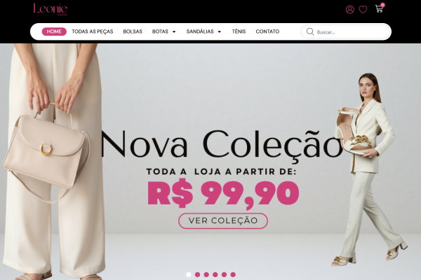 Esta página representa um e-commerce de moda feminina, focado na venda de calçados e acessórios, com destaque para lançamentos e promoções. Diferente de uma landing page tradicional de captura, seu objetivo principal é estimular a navegação e a compra direta de produtos.